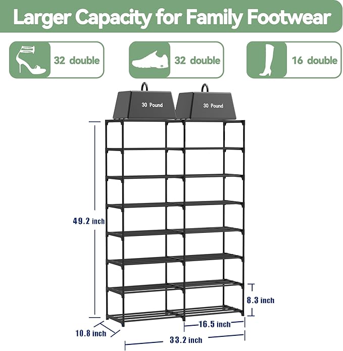 Large Shoe Rack Organizer, 2-Row 8-Tier Tall Shoe Storage Shelf for Closet, Entryway, Garage, Metal Free Standing Shoe Holder for 28-32 Pairs Shoes, Sturdy Stackable Shoe Stand for Bedroom-NeatNest
