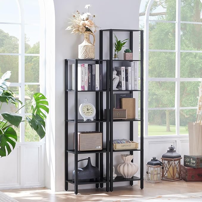 54in Tall Bookshelf 5-Tier Small Narrow Bookcase, Skinny Book Shelf for Small Space, Farmhouse Slim Shelf with Storage, Wood Freestanding Display Thin Bookshelves for Living Room, Office, Black