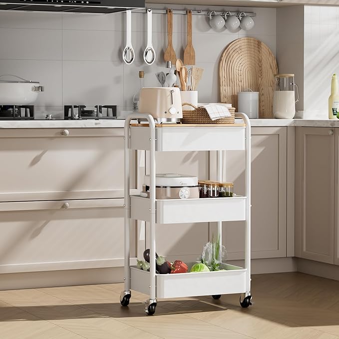 3 Tier Rolling Cart with Table top, Metal Rolling Utility Cart on Wheels, Sturdy Storage Organizer Cart with Hooks for Office, Classroom, Kitchen and Bathroom (White)-NeatNest