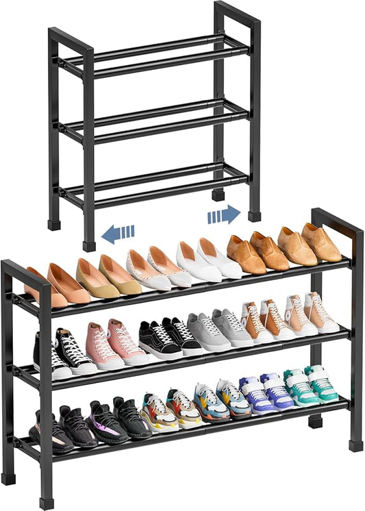 Mavivegue 3 Tier Expandable Shoe Rack for Closet, 19“- 43” Adjustable Shoe Rack for Entryway, Shoe Shelf, Black-NeatNest