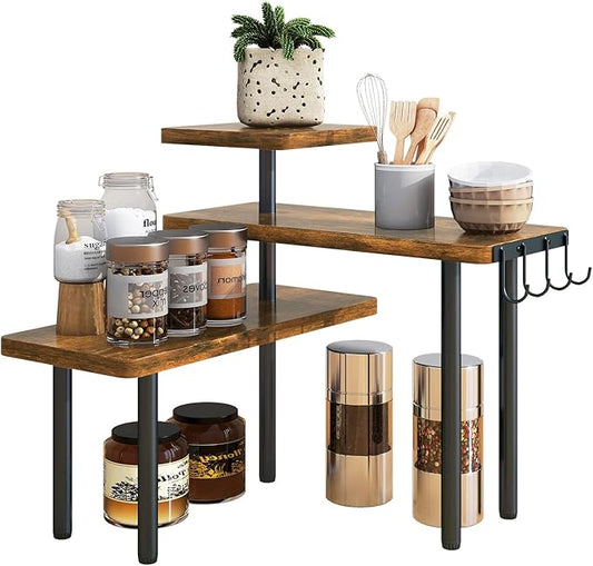 IBUYKE Countertop Organizer,3-Tier Spice Racks,Kitchen Counter Corner Shelf,4 Side Hooks,Adjustable Countertop Shelf for Kitchen, Bathroom, Coffee Bar, Cabinet, Desk,Rustic Brown,TLJ023H-NeatNest