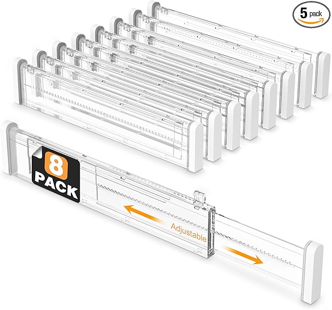 HiYZ Expandable Drawer Dividers - 12.6-22.8'' Adjustable Drawers Organizers for Kitchen Utensils, Drawer Separators in Bedroom, Dresser, Office, Bathroom, Fridge, 8 Pack Long Dividers-Clear-NeatNest
