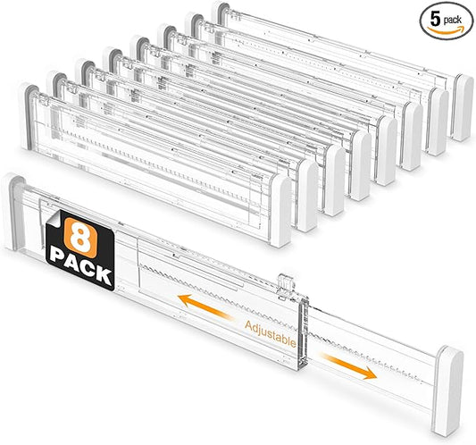 HiYZ Expandable Drawer Dividers - 12.6-22.8'' Adjustable Drawers Organizers for Kitchen Utensils, Drawer Separators in Bedroom, Dresser, Office, Bathroom, Fridge, 8 Pack Long Dividers-Clear-NeatNest
