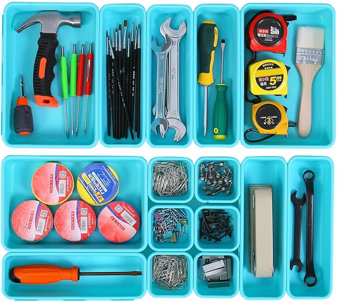 15 PCS Interlocking Desk Drawer Organizer Separator for Office,Bathroom,Kitchen,Makeup（Blue&Green）-NeatNest