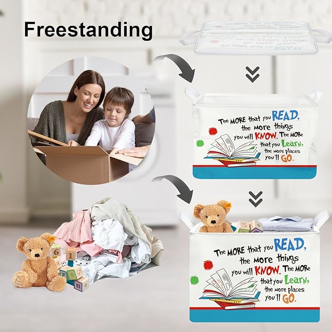 Clastyle Collapsible Back to School Reading Book Storage Basket Dr Quotes Book Organizer for Nursery Room Classroom Library Rectangle Kindergarten Daycare Clothes Toys Storage Bin-NeatNest