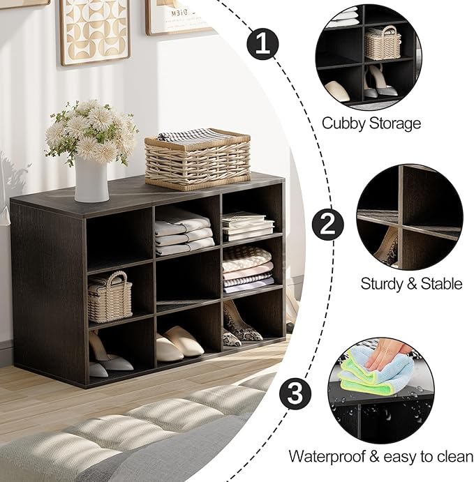Garden 4 you Shoe Storage Bench, Cubby Shoe Rack with 9 Cubbies, 3-Tier Wood Shoe Rack Organizer, Shoe Organizer Cabinet for Entryway, Hallway, Closet and Garage, Black-NeatNest