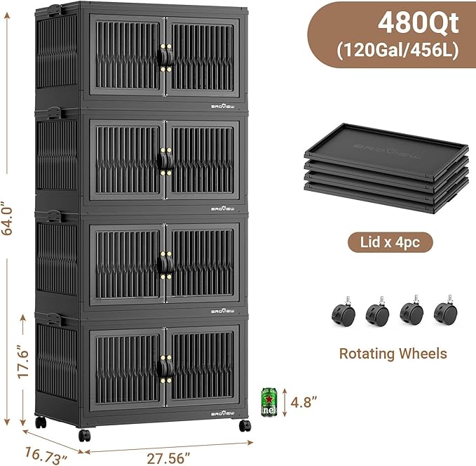 480Qt Stackable Storage Bins with 4 Lids, Extra Large Closet Organizer Collapsible Drawer Boxes with Wheels, Folding Plastic Cabinet Containers for Home Kitchen Room Organization, 4Pack Black