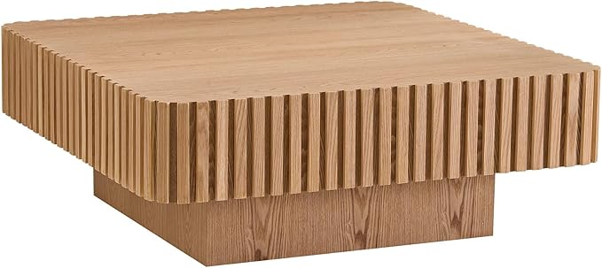35.43" Square Fluted Drum Coffee Table, Handcrafted Accent Coffee Table Modern Contemporary Pedestal Table for Living Room Small Space - Oak