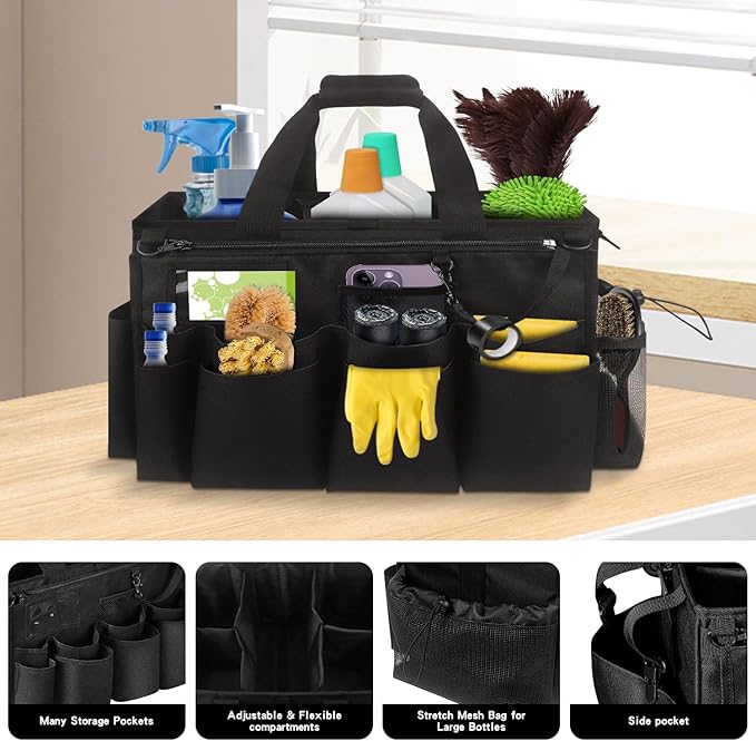 Grekos Wearable Cleaning Caddy Bag, Cleaning Caddy Suppliers Organizer with 4 Foldable Dividers, Handle & Shoulder Straps Cleaning Tool Organizers for Cleaners & Housekeeper (Black)