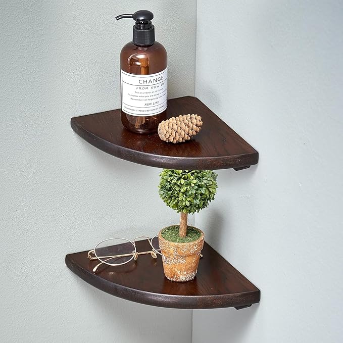 Corner Shelves, Floating Corner Shelf, Set of 2 Solid Oak Wood Wall Shelves, Round End Wall Mount with Wire Hole Shelving for Small Plant for Bedroom Kitchen, Living Room Walnut 8.7”-NeatNest