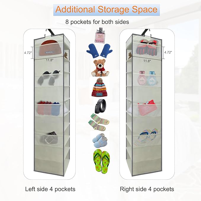 2 Pack Large-Sized Hanging Shoe Organizer 10-Shelf, Sturdy Hanging Closet Organizer with 8 Side Pockets, Wider Hanging Shelves for Storage Shoes Clothes Jeans Shirts Toys, Beige-NeatNest