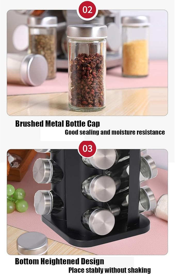 Spice rack-Revolving Spice Rack Set, Kitchen Spice Tower Organizer for Countertop or Cabinet -Desktop Rotating Seasoning Organizer(Stainless Steel) (Black, SquareHead_12Jars)