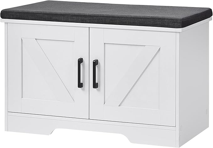 2-Tier Storage Bench, Shoe Bench with Padded Seat Cushion, Entryway Bench with 2 Barn Doors, Adjustable Shelf, 13.8" D x 27.6" W x 17.7" H, for Entryway, Living Room, Bedroom, White-NeatNest