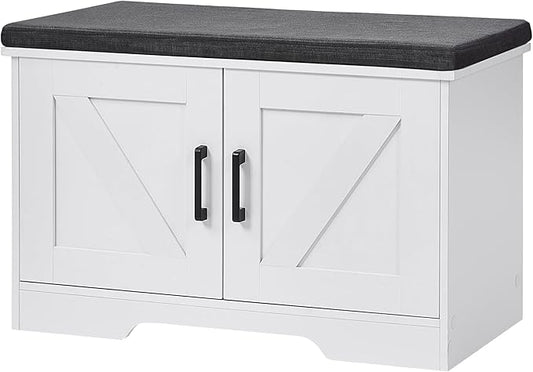 2-Tier Storage Bench, Shoe Bench with Padded Seat Cushion, Entryway Bench with 2 Barn Doors, Adjustable Shelf, 13.8" D x 27.6" W x 17.7" H, for Entryway, Living Room, Bedroom, White-NeatNest