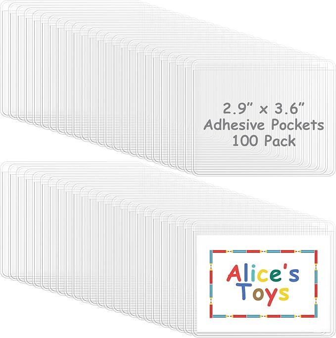 Jeyiour 100 Pcs Label Holders Adhesive Nameplate Pockets Storage Bin Labels Index Card Holder Shelf Plastic Peel Stick for Classroom Supermarket Bookshelf Library Student Box Drawer (3.6 x 2.9 Inch)