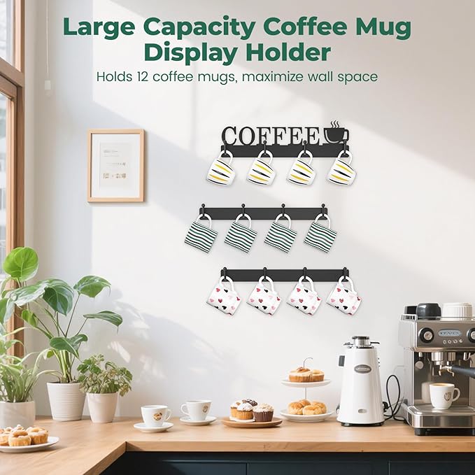 EsLuker.ly Mug Holder Rack Coffee Cup Hanger Wall Mount, Metal Wall Cup Shelf Organizer Stand with 12 Hooks, Fits Most Mugs Display for Home Kitchen, Space-Saving Coffee Bar Enhancer, Set of 3, Black-NeatNest