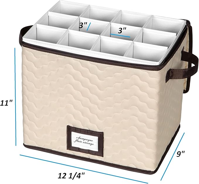 Champagne Flute Glass Storage Box with Dividers - Holds 12 Champagne Flute Glass up to 3" Wide - Stemware Storage Case - Protects Fine China - Durable Quilted Microfiber Bin with Carry Handles-NeatNest