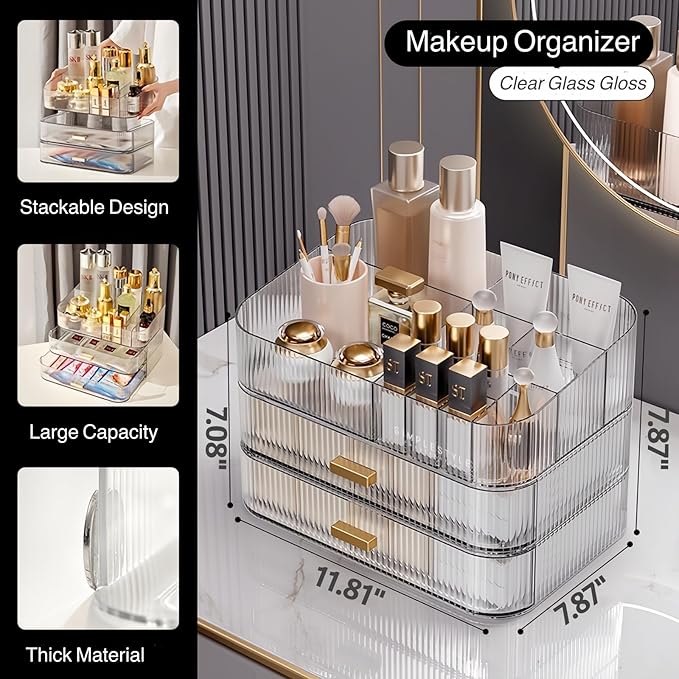 Clear Makeup Organizer for Vanity, Large Desk Organizer with Stackable Drawers for Cosmetics, Skincare, Lipsticks, Eyeshadow Palette, Nail Care, Ideal Storage for Dresser and Bathroom Countertop