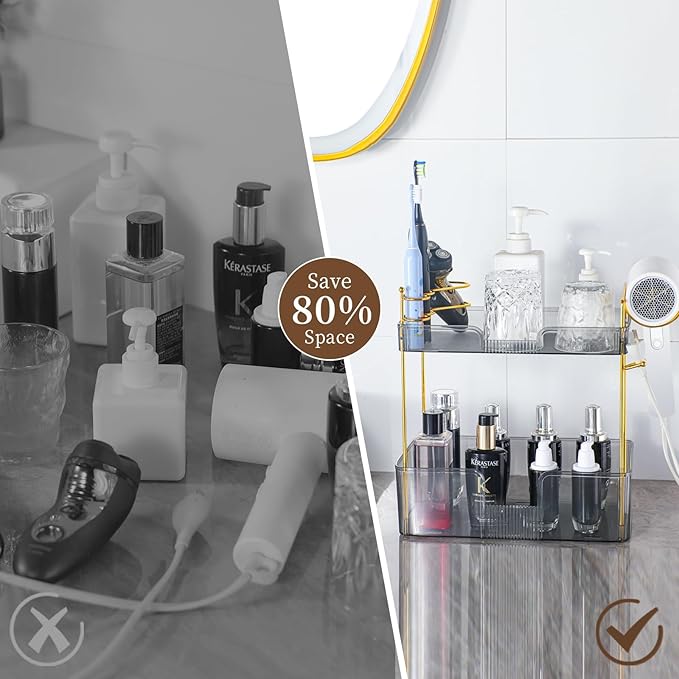 YCIA&DONE Bathroom Counter Organizer, Large Makeup Organizer Countertop, Shelf Storage, Vanity Tray, Easily Assemble for Bathroom Organizers and Storage, Undersink, Cabinet, 2 Tiers Grey-NeatNest
