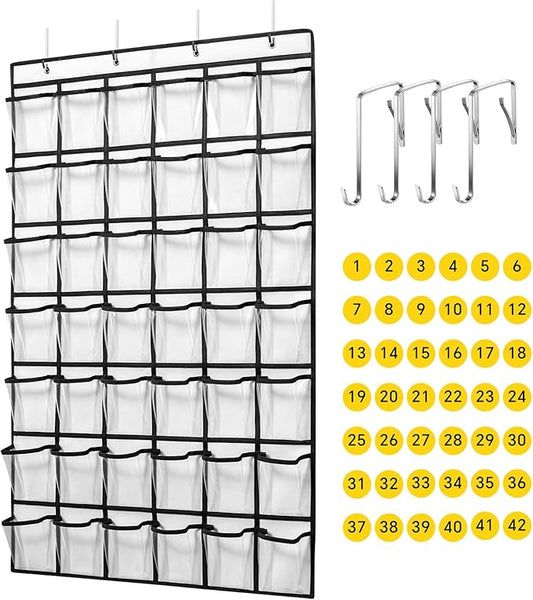 42 Clear Pockets Classroom Pocket Chart for Cell Phones and Calculator, Pocket Chart Organizer for Classroom Phone Storage Holder with 42 Number Sticker and Hooks (White)-NeatNest