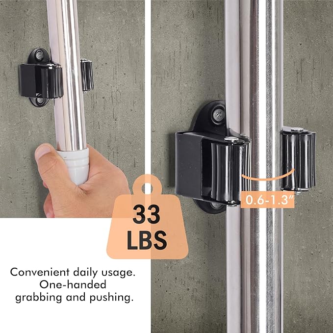 Adhesive Broom Holder Wall Mount - 9 Pack Mop Hanger Cleaning Tools Handle Grippers Organizers - Heavy Duty Metal Broom Clip Hooks for Laundry Room Utility Closet Garage Garden Bathroom (Black)