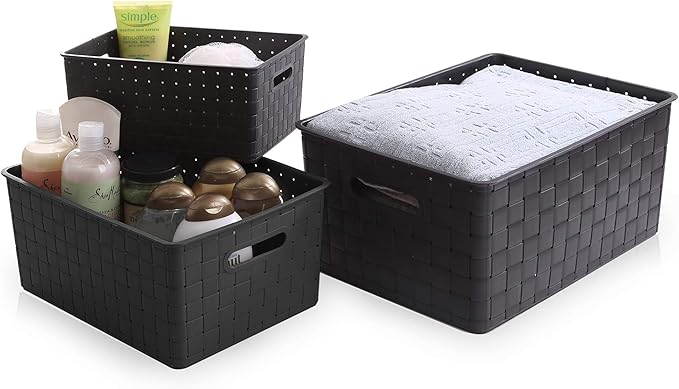BINO | Plastic Basket, Large - Black | 3 Pack | THE STABLE COLLECTION | Multi-Use Storage Basket | Rectangular Cabinet Organizer | Home & Office Storage Organizer | Baskets for Bathroom Organizing-NeatNest