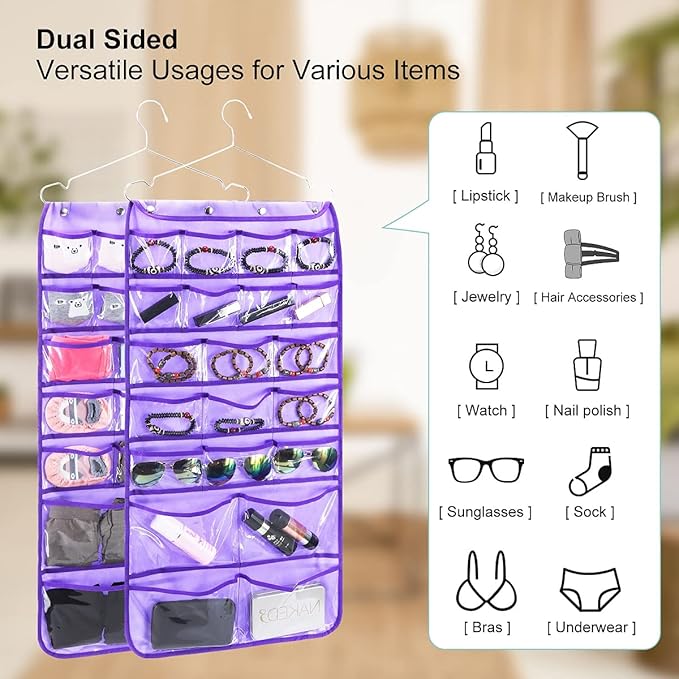 Dual Sided Hanging Organizer for Jewelry Makeup Storage Closet Organizers for Bows Socks Underwear with 42 Clear Pockets (PURPLE)-NeatNest