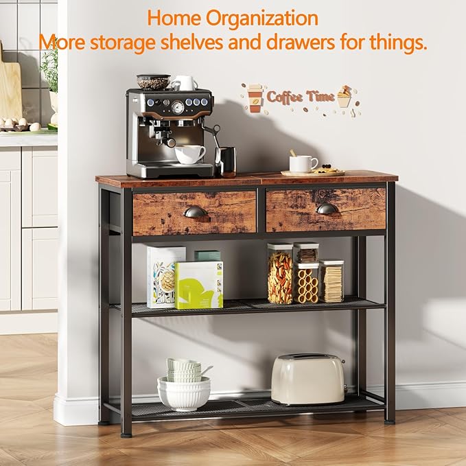 Furologee Console Sofa Table with Storage Shelf for Entry Way, Small 30'' Entryway Table with 2 Fabric Drawers, Industrial Display Shelves for Hallway, Entrance, Foyer, Rustic Brown-NeatNest