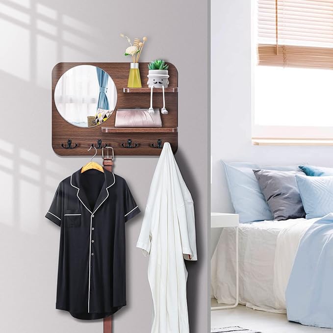 Coat Rack with Shelf Rustic Wooden Wall Mounted Hanging Coat Rack with Mirror Shelves and 4 Double Hooks Decorative Entryway Hook Shelf for Hallway Living Room Bedroom 16"x12" (Brown S)-NeatNest