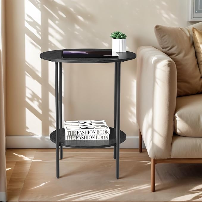 Side Table,Round End Table with 2 Storage Shelves| Compact Side Tables for Living Room, Couch, Office & Bedroom | Narrow Accent Table as Space-Saving Small Bedside Table 18x18x22in(Black)