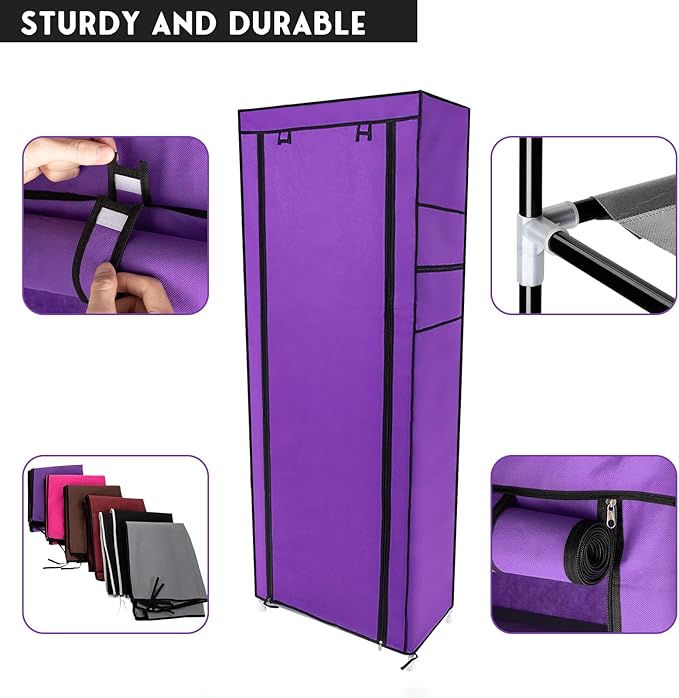 10 Tiers Shoe Rack with Dustproof Cover 27 Pair Shoe Tower Stand Sturdy Shelf Storage Organizer Cabinet Perfect for Bedroom, Closet, Entryway, Dorm Room (Purple)-NeatNest