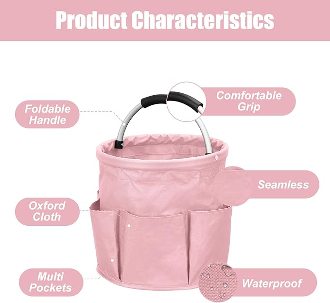 Qivine 17L Cleaning Caddy with Handle, Cleaning Supply Caddy Foldable Tool Bag Cleaning Products Organizers Portable Cleaning Bucket Organiser for Storing Towels (Pink)
