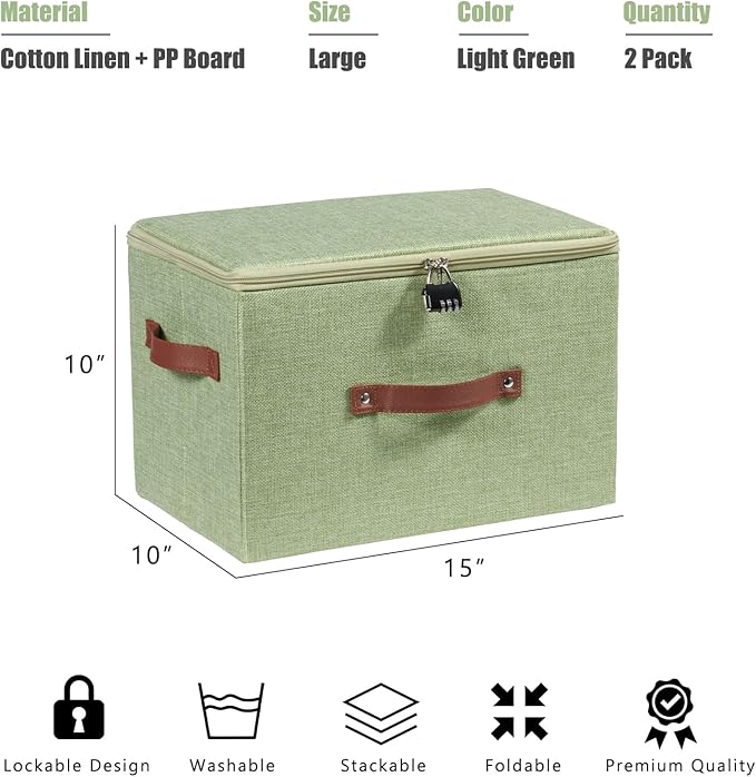 2PCS Storage Bins Box with Zipper Lid Combination Lock PU Leather Handles Cotton Linen Fabric Lidded Lockable Basket Foldable Washable Closet Shelf Organizer Container (Light Green, Large)
