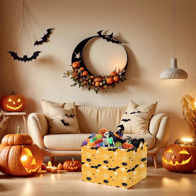 Halloween Basket Gift Cute Pumpkin Ghost Parties Decor Kid Trick or Treat Basket for Boys and Girls Rectangular Storage Bin Box (Bat Spider)-NeatNest