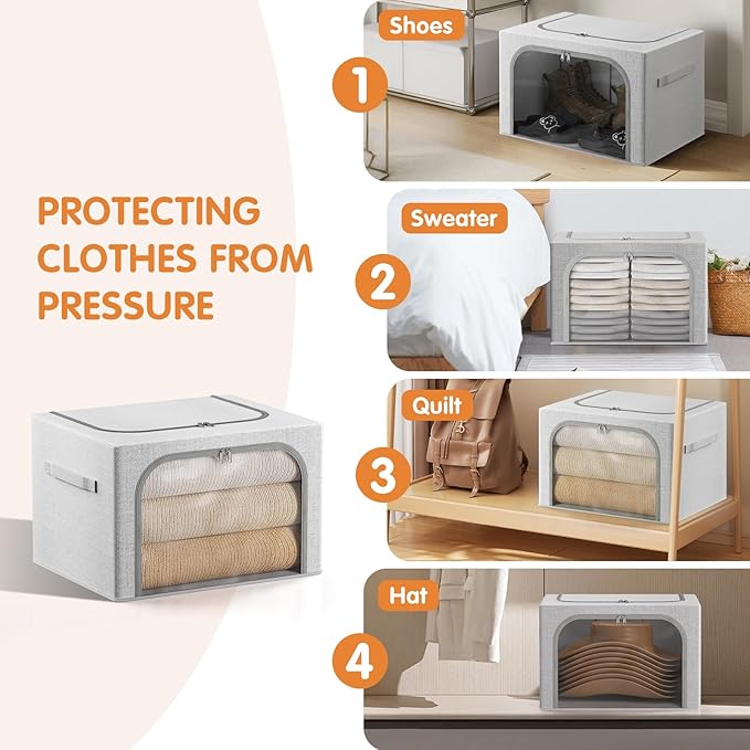 3 Pack Clothes Storage Bins with Metal Frame, Stackable & Foldable Linen Storage Box with Lids, Closet Organizers And Storage For Bedding, Blanket, Sweater, Baby Clothes. (Large 66L)-NeatNest