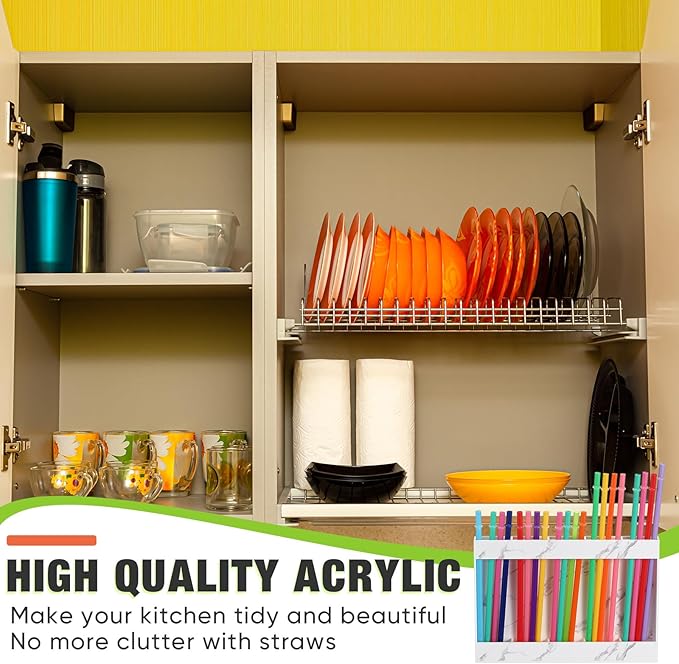 Acrylic Straw Holder for Cabinet Door with Double Sided Adhesive Tape Reusable Straw Organizer Tumbler Storage Kitchen Accessories Container for Counter Cupboard(Marble Texture,Large,White)