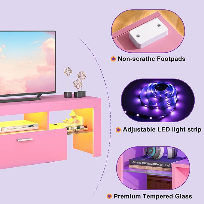 Clikuutory Modern Lighting 51 inch TV Stand with Large Storage Drawer for 32 40 50 55 Inch TVs, TV Console with 20 Color LED Lights, Entertainment Center Media and Open Shelf for Bedroom, Pink-NeatNest