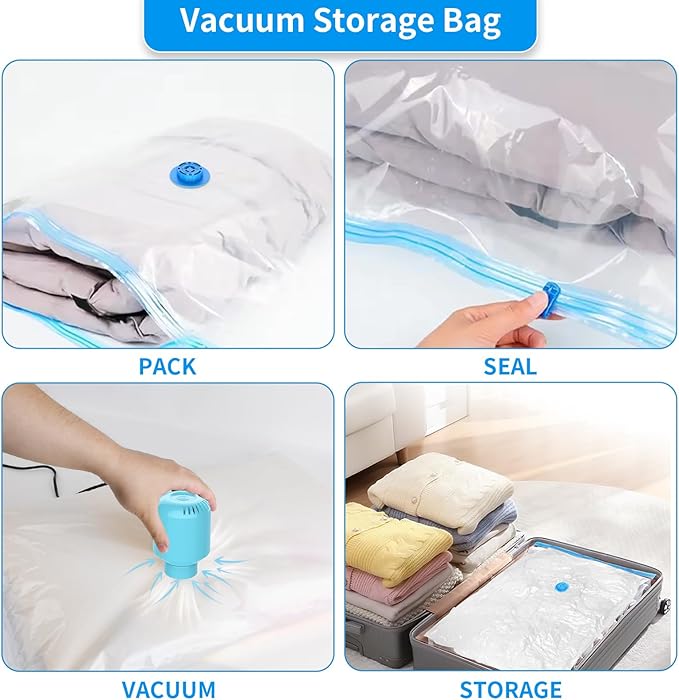 SZO 6 Pack Vacuum Storage Bags With Electric Air Pump,(3 Jumbo/3 Large) Vacuum Seal Bags For Clothing Travel, Space Saver Bags For Luggage, Blankets,Bedding,Moving-NeatNest