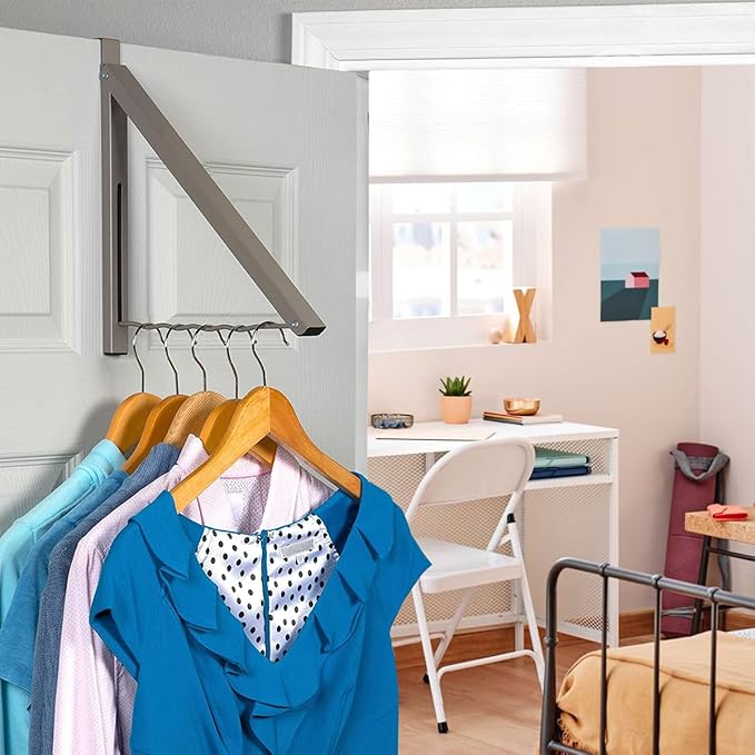 HOLDN’ STORAGE Over The Door Hanger - Single Foldable Rack Organizer for Hanging Clothes, Coats & Towels, Ideal for Dorm Rooms, Laundry, Bathrooms, Etc - Holds up to 20 LBs, Collapsible - Satin Nickel