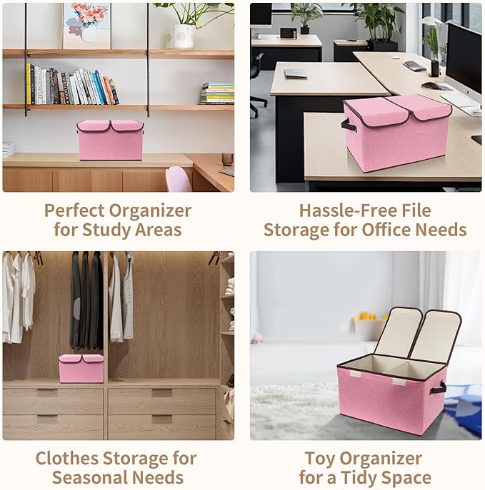 Foldable Fabric Storage Box with Double-Lid & Dividers, Large Organizer for Home, Closet, Office (Pink, 2 Packs)