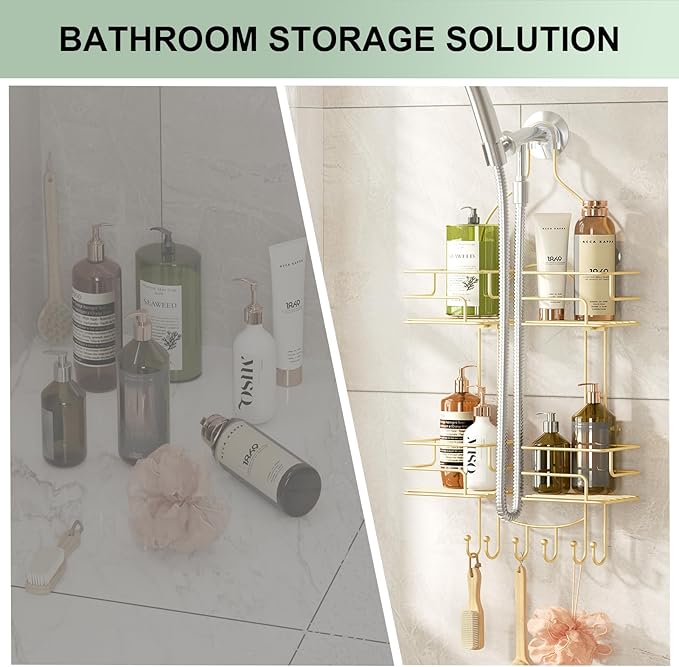 SRIWATANA Shower Caddy Hanging, Bathroom Organizer, No Drilling Shelves Over Shower Head, Bath Rack Holder with Hooks for Razors and Sponge - Gold