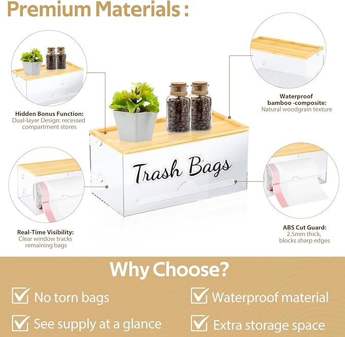 JYPS Stackable Storage Trash Bag Holder With Bamboo Lid, Wall Mounted Garbage Bag Dispenser Holder, Laundry Room Organization,Pantry Organizers and Storage Under Sink Organizer,No Drill,Small