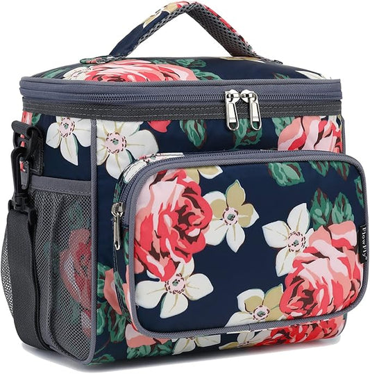 FlowFly Insulated Reusable Lunch Bag Adult Large Lunch Box for Women and Men with Adjustable Shoulder Strap,Front Zipper Pocket and Dual Large Mesh Side Pockets,Peony-NeatNest