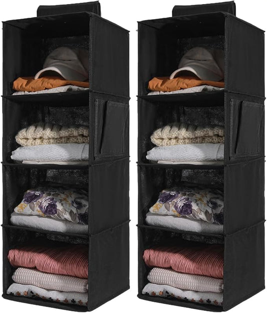 2 Pack Hanging Closet Organizer, 4-Shelf Hanging Shelves with Side Pocket, Black-NeatNest