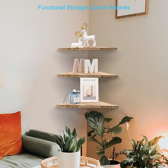 Joiishom Corner Wall Shelf Set of 3, Floating Corner Shelves, Rustic Wood Wall Storage Display Shelves for Living Room, Bedroom, Bathroom, Kitchen (Carbonized Wood)-NeatNest