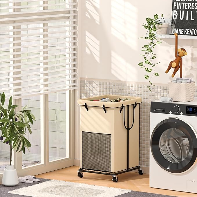 150L Large Laundry Hampers, Oxford Fabric Laundry Hampers Clothes Hampers, Metal Frame and Removable Bag Design with Wheels, Suitable for Bedroom, Bathroom, Dorm Room, Laundry Room (Cream)