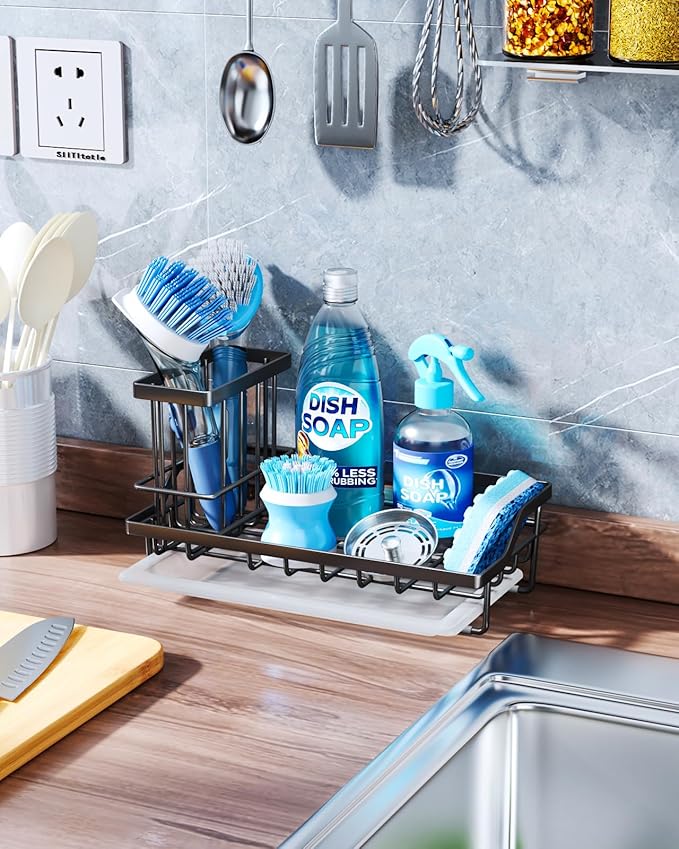 Consumest Sink Caddy, Kitchen Sponge Holder with Dish Brush Holder, Kitchen Sink Organizer with Drip Tray for Countertop Stainless Steel Rustproof, Black-Large-NeatNest