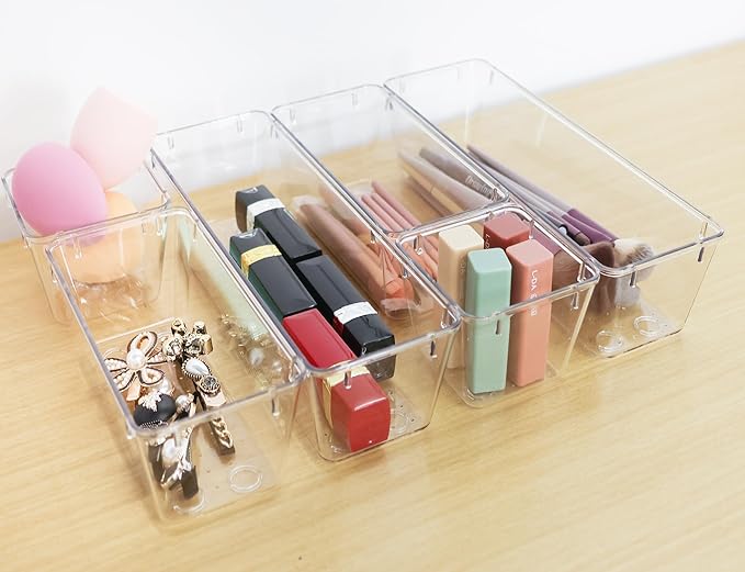 6 Pack Clear Drawer Organizer Set,Desk Drawer Storage Tray,Vanity Organizer Storage Bins Containers-NeatNest