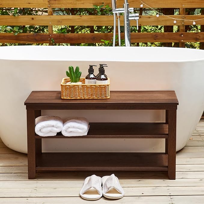 Shoe Rack Bench, 2-Tier Wood Heavy Duty Shoe Organizer Shelf for Entryway, Living Room,Bedroom (Brown, 11.81"X31.5"X16.54")-NeatNest