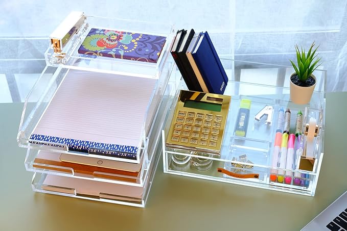 Clear Acrylic Desk Organizer for Office or Home Desk Drawer Dividers, Makeup Vanity Storage Bins, Stackable 4-Pack, Acrylic Accessory and Half Accessory Tray/Small Tray-NeatNest